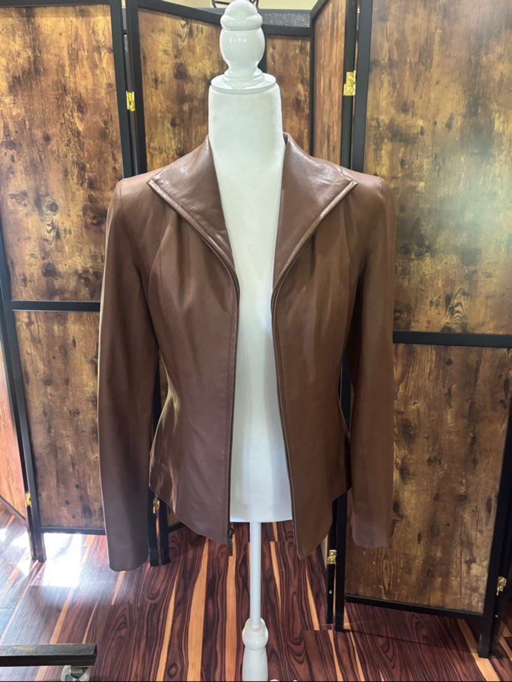 Cole Haan Women's Brown Zip-Front Leather Jacket - Picture 6 of 8